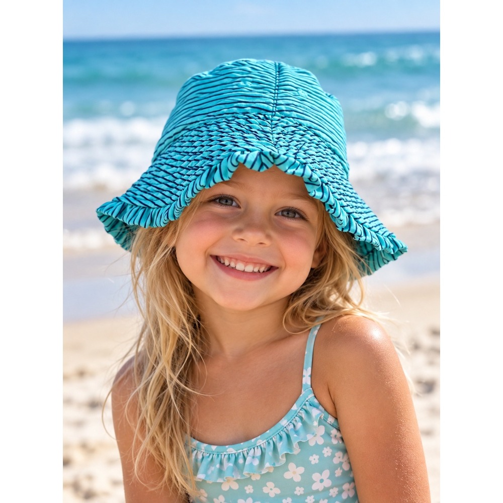 UV Skinz Kids Reversible Bucket Hat UPF 50+ Teal Stripe Pineapple Print Size 7